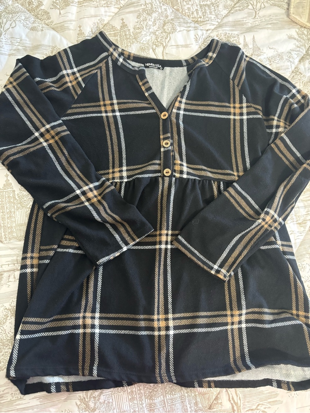 HEIMISH USA Long-Sleeve Baby Doll top with Faux Button Front